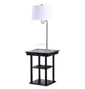 Modern Wood Floor Lamp With Built-in Black Table & Shelf Multi Purpose End Table With 1 USB Ports &1 US Standard Outlet