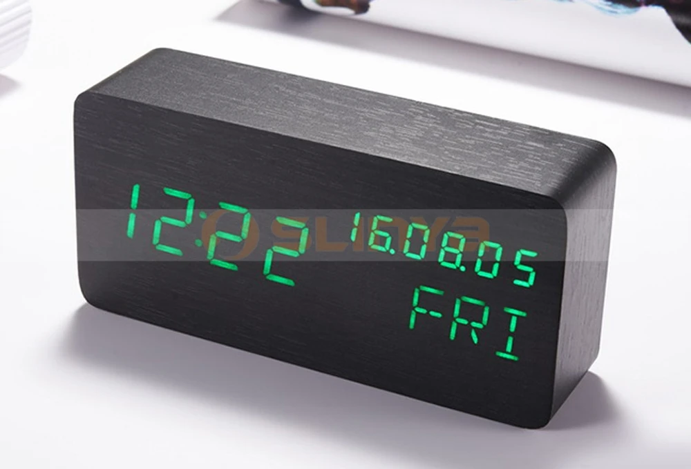 Mini Led Table Clock Multistyle Wooden Digital Clock With Week Display