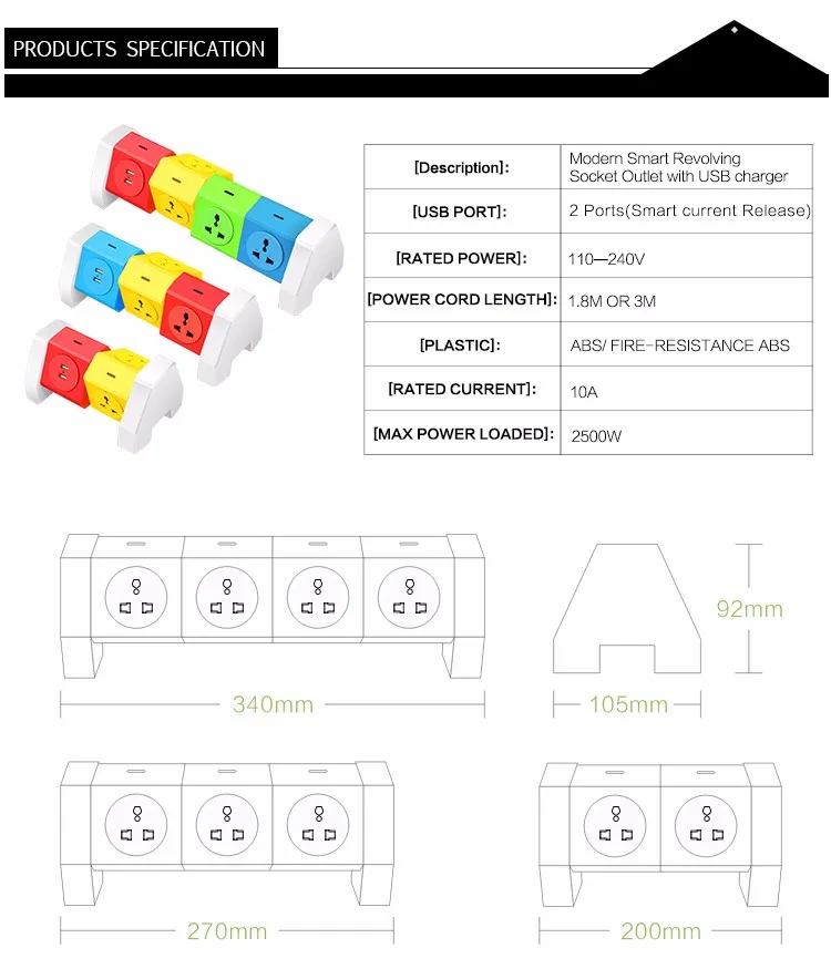 5 Gang Universal Multi Function Flexible Extension Socket with 2 USB Smart Desktop Power Strip