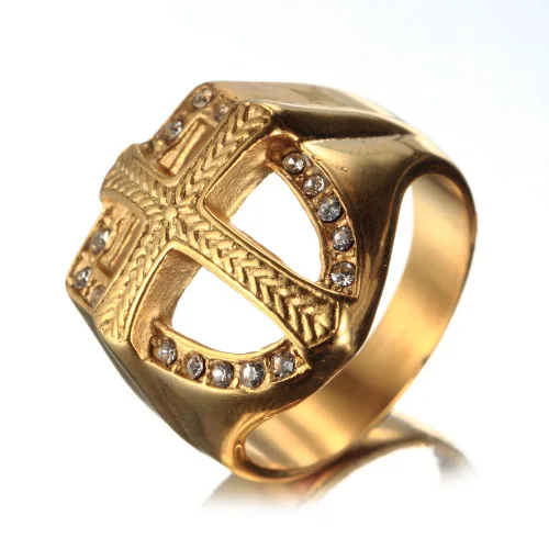 Full Finger Men Ring Cross Letter X Shape Gold Plated Stainless Steel Bright Zircon Ring Designs For Men Fashion Ring