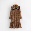 Scarf tassel collar design long sleeve women leopard print dress fashion spring clothing