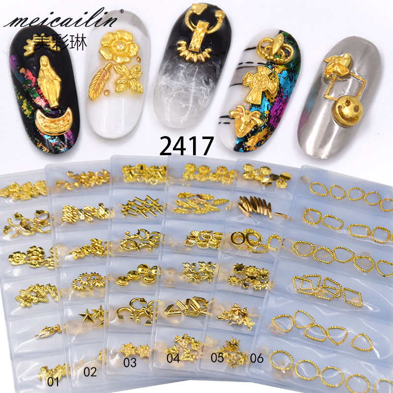 

6 Grid/Pack Japanese Alloy Mixed Shape Gold nail art decoration 3d Metal Rivets Nails Hollow Studs, Gold,metal
