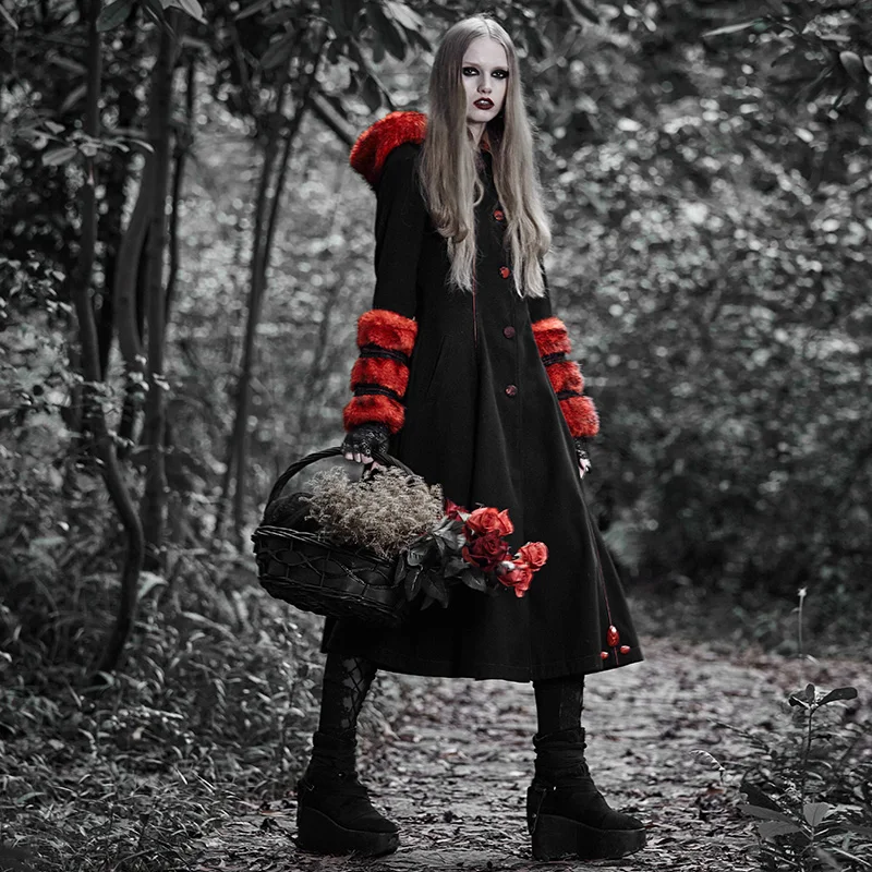 Punk Rave Winter Black Woolen Lolita Coat with Hat for Women