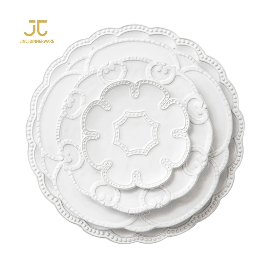 

JC White Embossed Flower Shape Porcelain Marble Dining Table Dinnerware Set Plates
