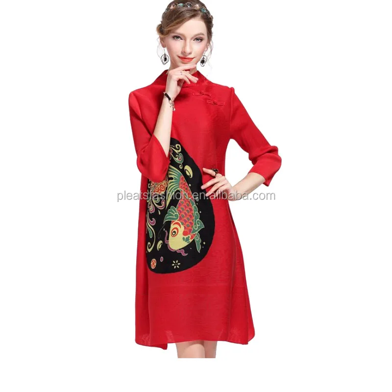 

New fashion long sleeve boutique shop digital print gold fish dress