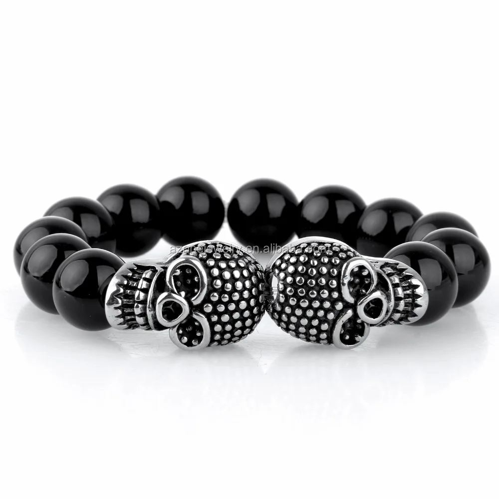 Vintage Stretch Black Bead Bracelet Stainless Steel Skull Onyx Beaded Bracelet