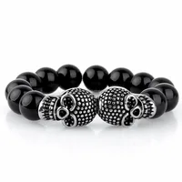 

Vintage Stretch Black Bead Bracelet Stainless Steel Skull Onyx Beaded Bracelet