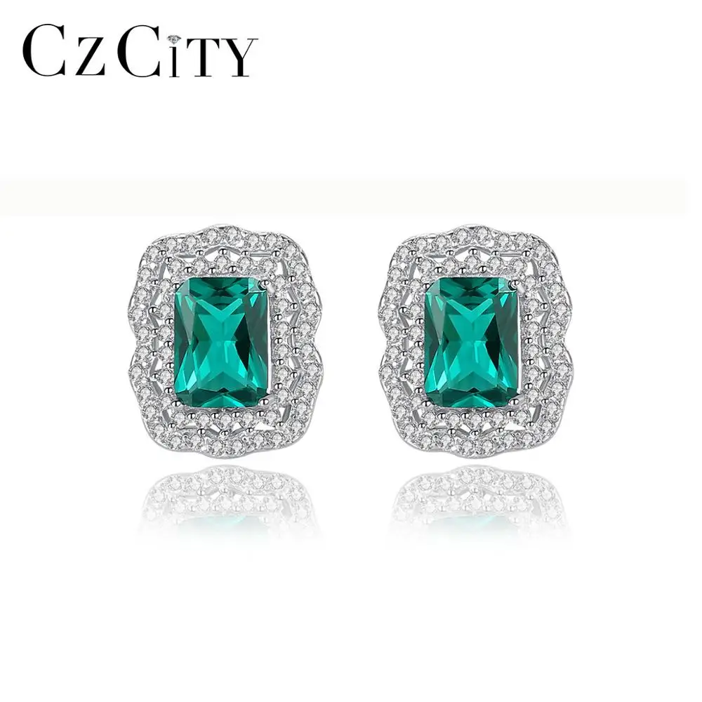 

CZCITY New Green Gemstone Trendy Stud Earrings 925 Sterling Silver CZ paved Party Jewelry for Women Wholesale