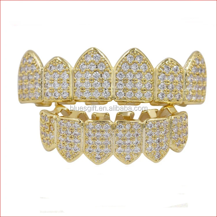 

18K Gold Plated CZ Cluster Custom Slugs Top Bottom GRILLZ Mouth Teeth Grills Set TG140-G1, Silver;real gold