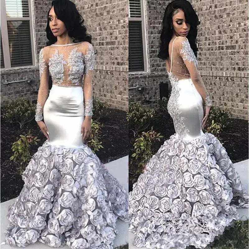 

ZH4025G Gorgeous Rose Flowers Mermaid Prom Dresses 2019 Appliques Beads Sheer Long Sleeve Evening Gown Silver Stretchy Satin, Custom made