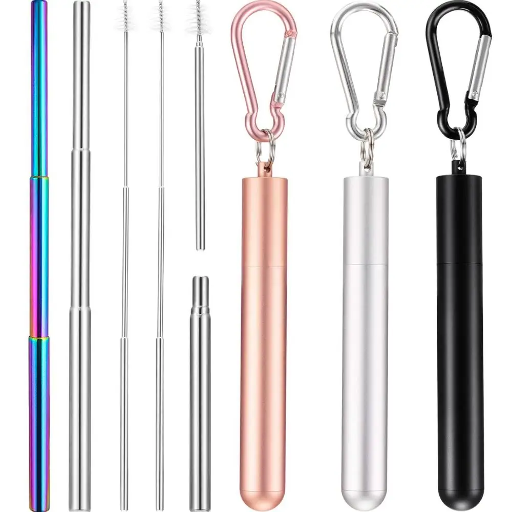 

2019 Best Selling Reusable Straw Telescopic Rainbow Straw with Keychain, Gold;red;blue;silver