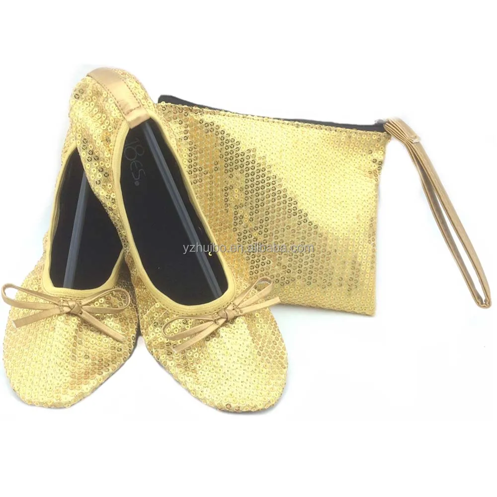 
Roll up black silver gold colors sequin ballet shoes in zip bag 