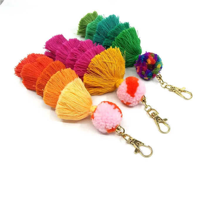 100% Cotton pompom tassels keychain manufactory in China & Colorful cotton pompom tassel keychain for bag supplier