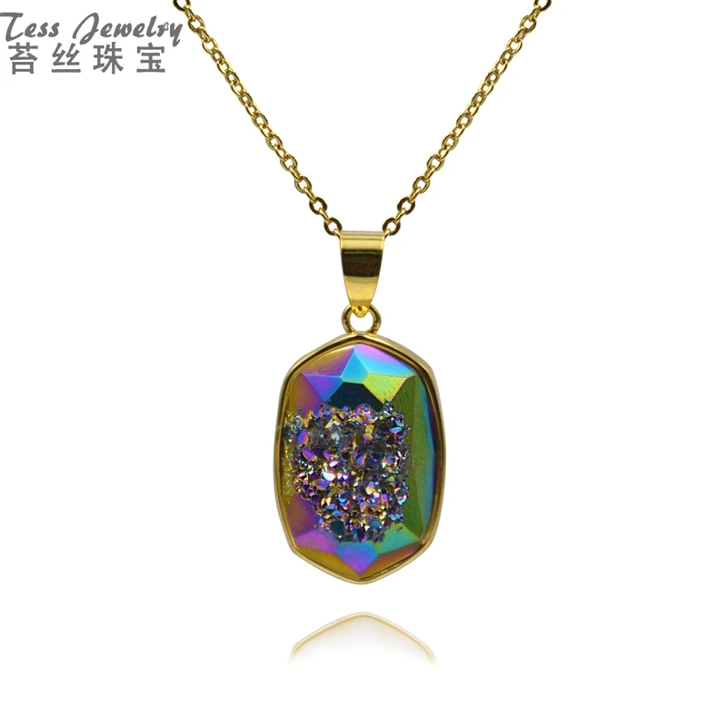 

Wholesales natural druzy geode pendant necklace multi color hexagon agete drusy stone pendants 18"charming gold color chain, Multi color geode necklace