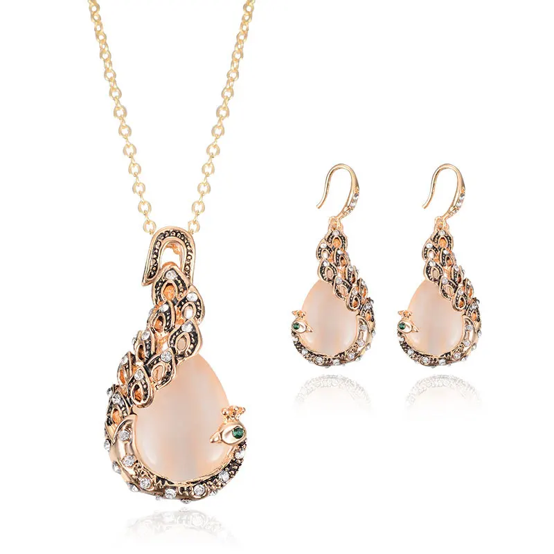 

Women Gift Fashion Peacock Shape Pink Gemstone Jewelry Sets High Quality Gold Plated Color Rhinestone Party Jewellery Set