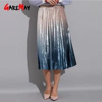 

Women Dresses Elegant High Waist A-Line Pleated School Midi Skirt Metallic Multi-Color Female Gradient Skirt Pleated Long Skirt