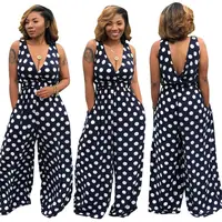 

Women jumpsuit summer loose v neck sleeveless wide leg pants dot print sexy long rompers ladies ER6088