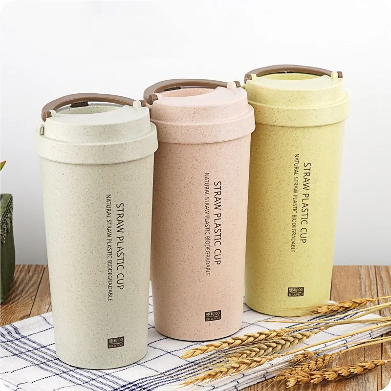 

Custom Logo Double Wall Wheat Straw Plastic Travel Coffee Mug 500ml / 17oz, Pink/blue/green