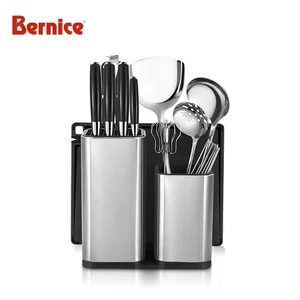 Image of universal plastic stainless steel utensil holder kitchen knife block with sharpener