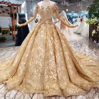 Champagne Gold Wedding Dresses Deep V Neck With Cap Sleeves