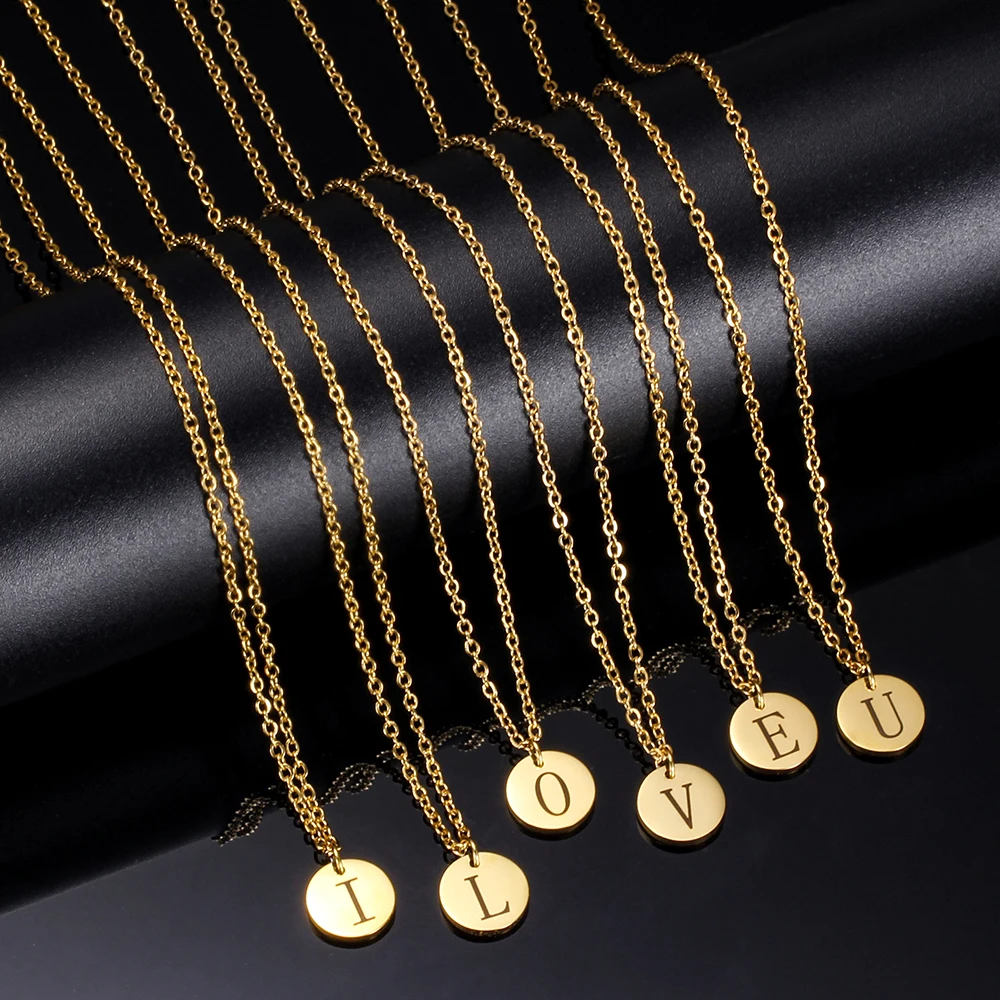 

New Arrival 316L Stainless Steel 26 Letters Initial Necklace Wholesale Alphabet Disc Pendant Long Chain Necklaces for Women, Gold