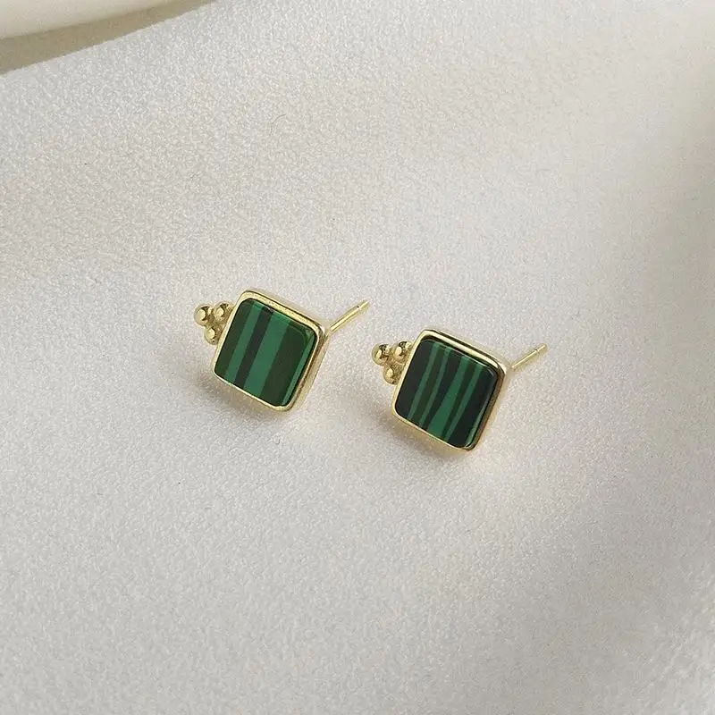

New Trend High Quality S925 Pure Silver Earrings Synthetic Malachite Green Stud Earrings, Gold /rhodium