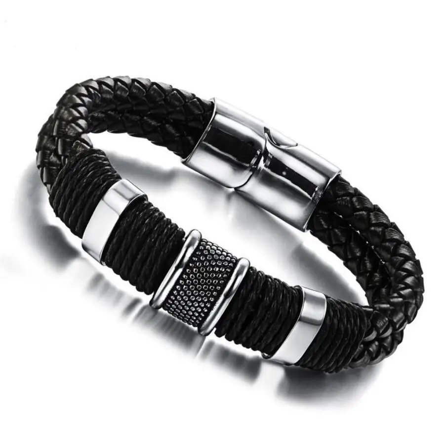 

Genuine leather bracelet men stainless steel leather braid Bracelet with magnetic buckle claps pulseiras masculina PH891, N/a