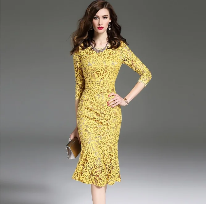 

c11046a elegant woman yellow pleated lace slim dress