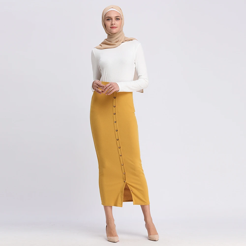 

2019 loriya fashion plain elastic muslim maxi skirt with button, Dark green;wine red;black;navy;brown;yellow