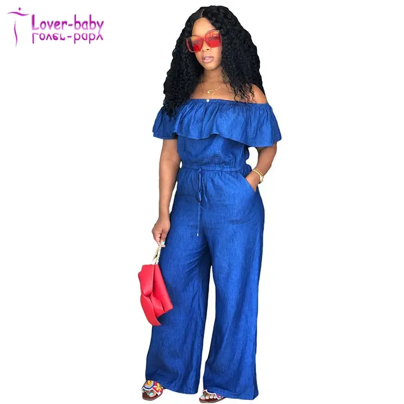 

Casual Off Shoulder Flounce Denim One-piece Jumpsuits