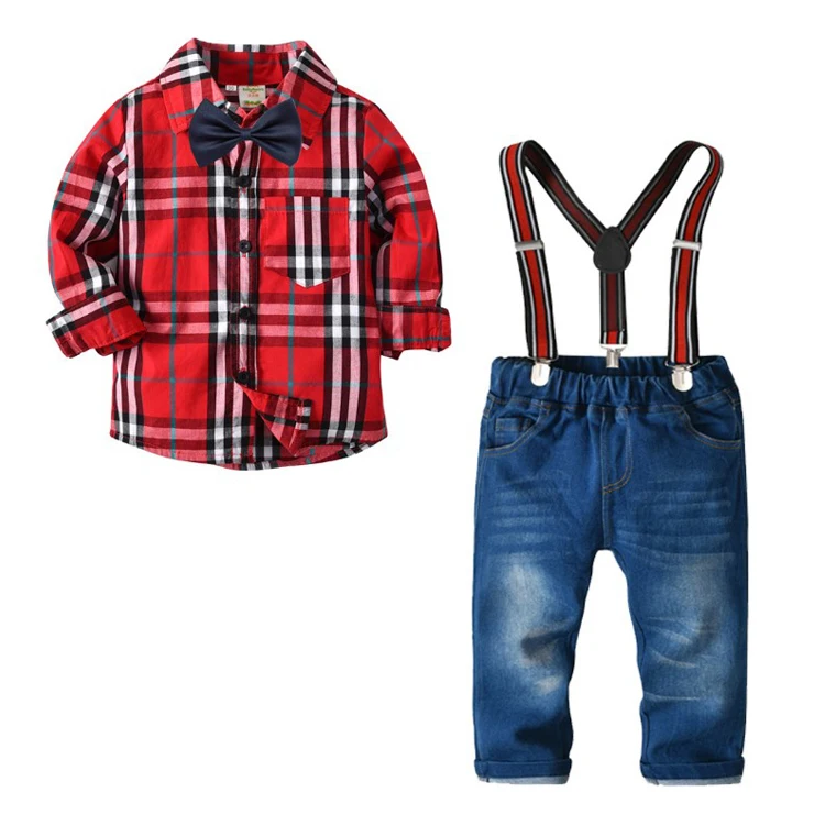 

New Fashion Boys Outwear Baby 2 Pieces Overall Set With Red Plaid Shirt And Jean Pants With Bow Tie