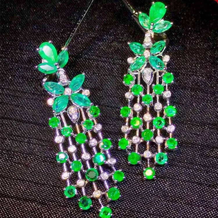 

18k gold South Africa real diamond 5.6ct natural green emerald tassel pendant earring for women