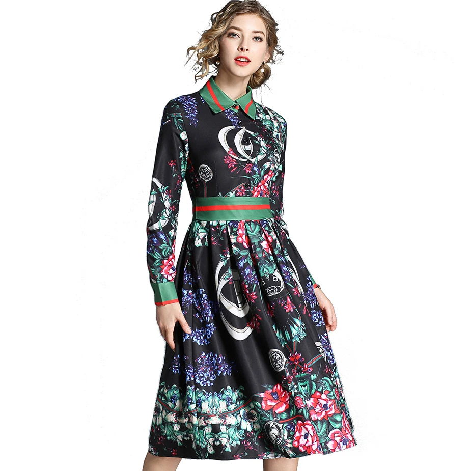 European and American Women Fashion Turn Down Collar Patchwork Long Sleeve Brand New Digital Print Long Dress A Line