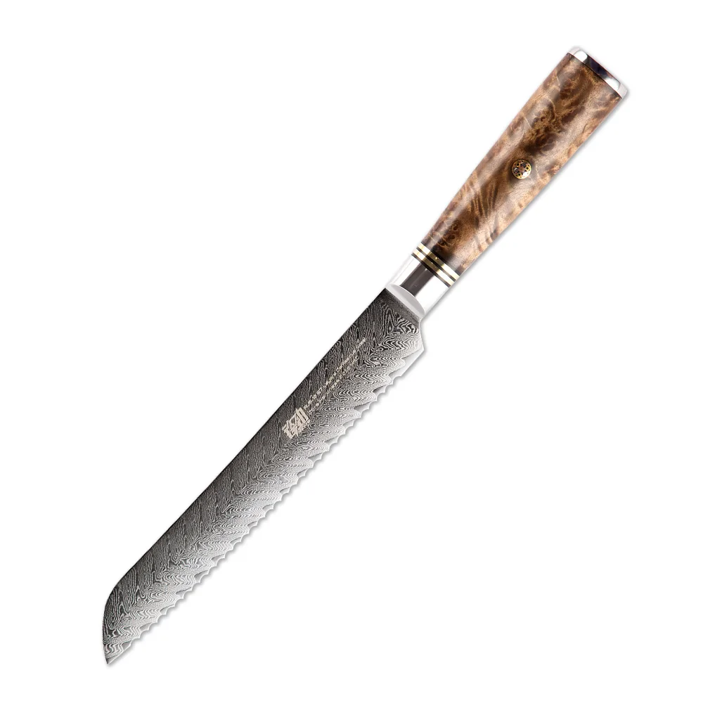

FINDKING AUS-10 damascus steel arrow pattern Sapele wood handle damascus knife 8 inch Bread knife 67 layers kitchen knives