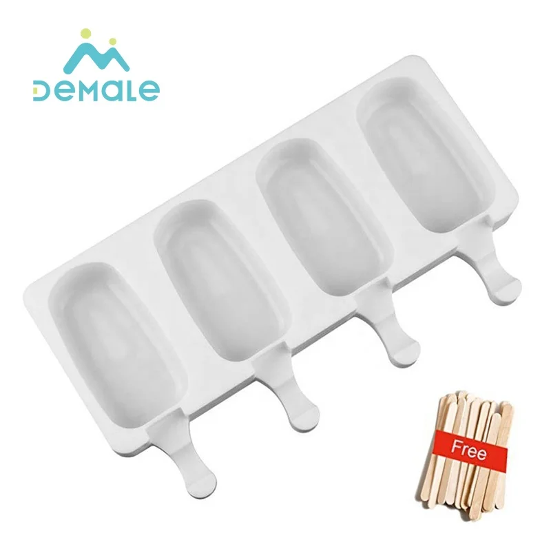 

New Design 4 Cavities Silicone IceCream Maker Mold Popsicle With Free Wooden Sticks, White, customize color