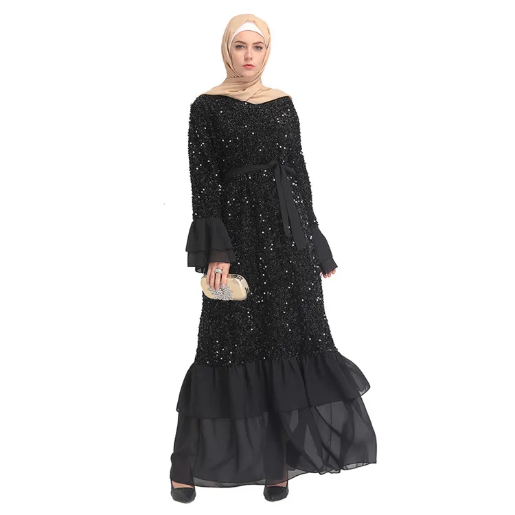 

Newest Loriya Abaya Factory Muslim Women Sequins Holiday Dress Turkish designs Dress, Black;chromatic color