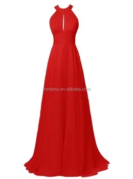 Elegant Red Halter A Line Sweep Train Prom Dress Fast Shipping