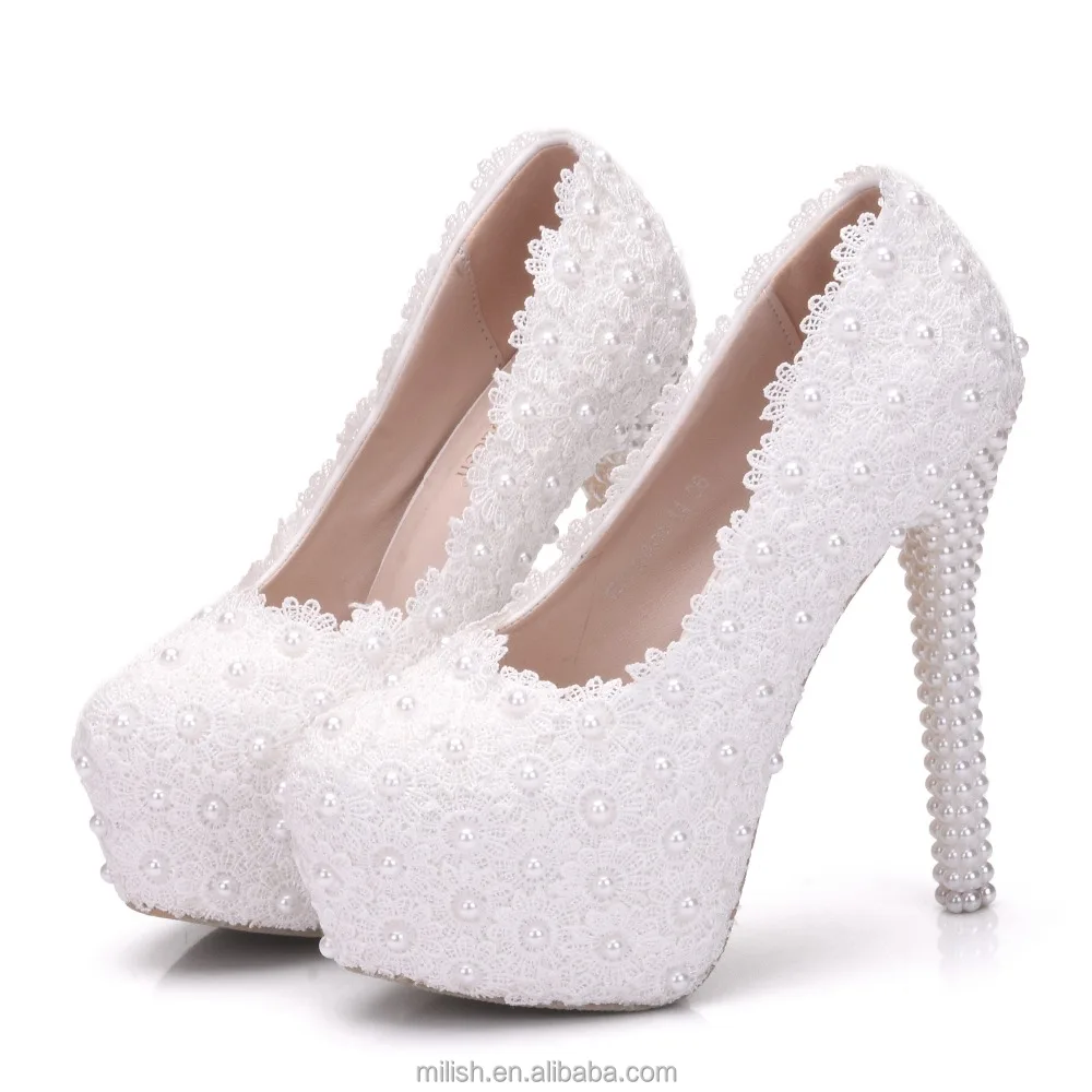 

Lace Flower Pearls Wedge Platform stiletto High Heels Pump Bride Wedding Shoes