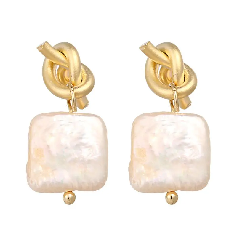 

Women Vintage 14K Gold Plated Freshwater Pearl Dangle Earring S925 Sterling Silver Square Pearl Drop Earring