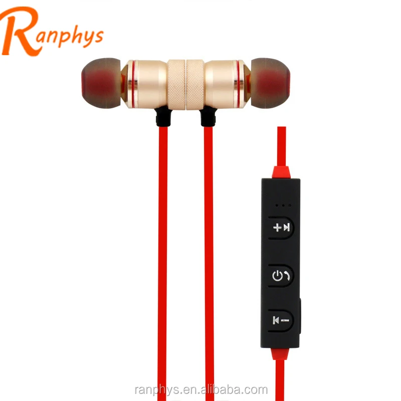 

Ranphys new arrival in-ear magnetic metal sport wireless red gold stereo earphones with flat cable, Black;red