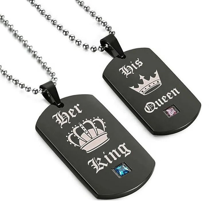 

New Arrival Mens Womens Fashion 316L Stainless Steel Her King His Queen Couple Necklace, Black