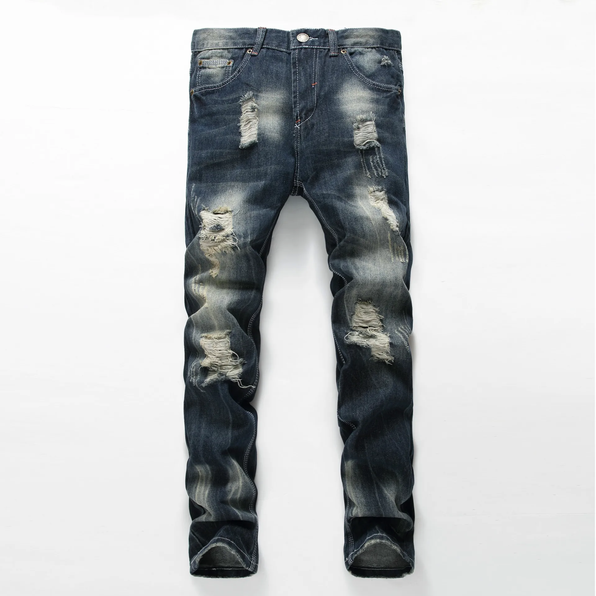 Fashion Men Holes High Street Motorcycle Biker Jeans Men Hip Hop Ripped Slim Straight Denim Jean Pants Y11142