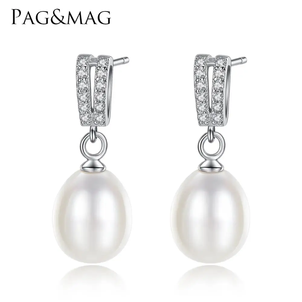 

PAG&MAG 925 Sterling Silver Natural Freshwater Pearl Stud Earrings Brand 7-8mm Natural Pearl Jewelry