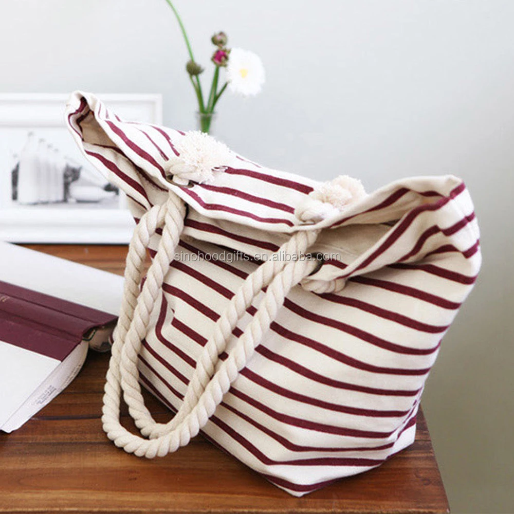 

Customized canvas rope handle tote bag beach bag, Red and white stripes