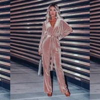 

High quality deep V neck with belt celebrity women long sleeve luxury sexy pleated long loose jumpsuit