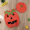 0-3Y Newly Cosplay Halloween Toddler Baby Kid Pumpkin Print Sleeveless Romper Jumpsuits Tops+Hats Baby Clothes 2PCS Costumes