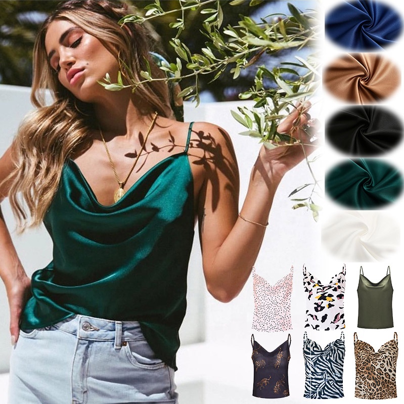 

XXXL Plus Size Wholesale Plain Print Sleeveless Casual Women Ladies Female Summer Short Silk Satin Spaghetti Strap Tank Crop Top, 12