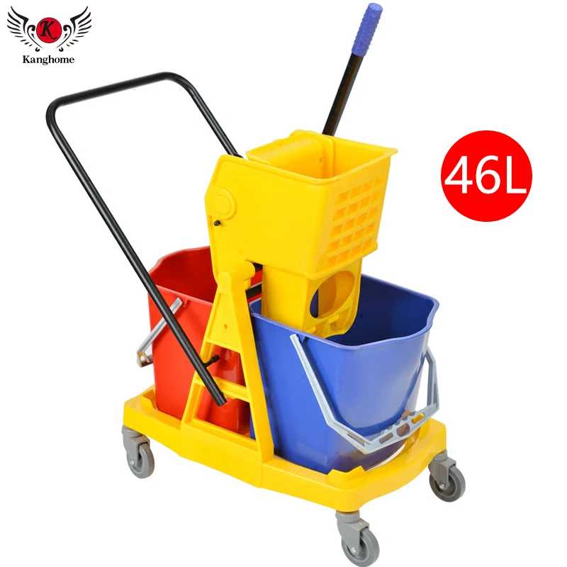 

60L Top Quality Side Press Plastic Double Mop Bucket with Wringer Trolley with Wheels for Hotel
