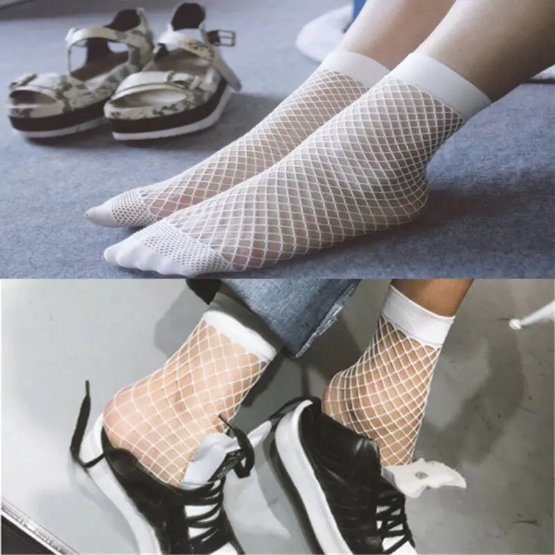 

White Fishnet Ankle High Socks Lady Mesh Lace Fish Net Short Socks Women