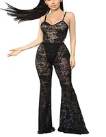 

MAGICMK Women's 2 Pieces Lace Mesh See-Through Bodycon Outfit Sets High Cut Long Flare Pants Clubwear